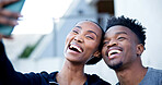 Black couple, happy and love outdoor with selfie for social media, relationship status and bonding. Smile, man and woman together for photo, laugh or romantic connection or online post for memory