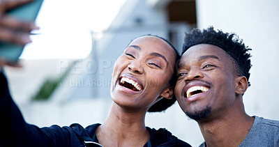 Buy stock photo Black couple, happy and love outdoor with selfie for social media, relationship status and bonding. Smile, man and woman together for photo, laugh or romantic connection or online post for memory