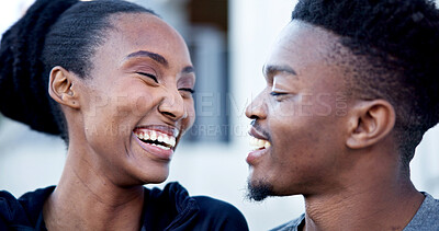 Buy stock photo Laughing, happy and black couple in city for funny joke, humor or outdoor bonding together. Active, man and woman with smile, relationship or comedy for holiday, weekend or trip in an urban town