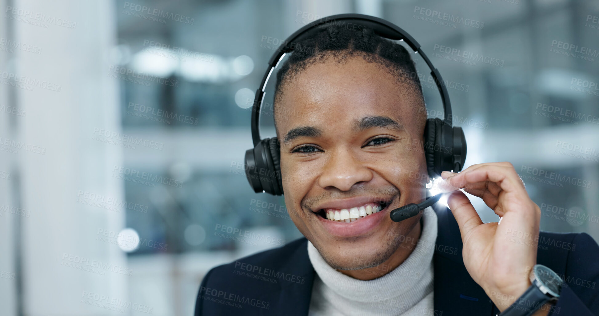 Buy stock photo Office, talking and man with headset for call center, online consulting and financial advice. Finance, advisor and black person with mic for help, loan support and contact us for customer service