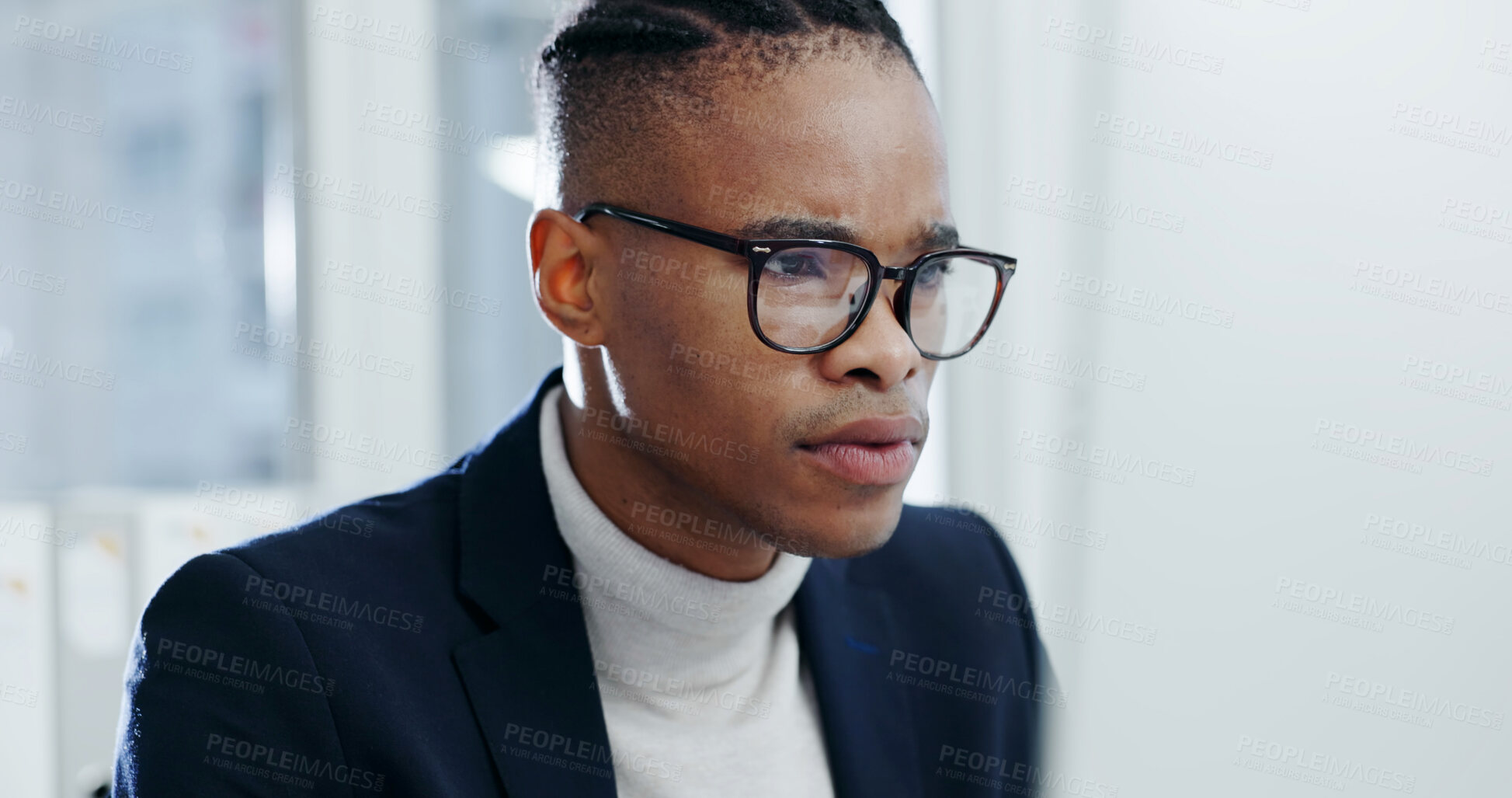 Buy stock photo Business, man or computer in office with concern, interest rate spike or trade execution error. Black person, trader or worry with tech for margin call warning, bad earnings report or glasses at work