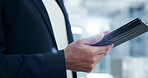 Hands, business and person in office with tablet, email buyer and update pricing for new listing. Realtor, reading and tech in workplace for research, rental viewing an schedule for property purchase