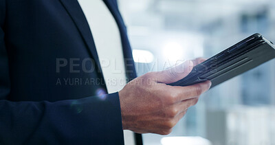 Buy stock photo Hands, business and person in office with tablet, email buyer and update pricing for new listing. Realtor, reading and tech in workplace for research, rental viewing an schedule for property purchase