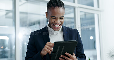 Buy stock photo Business, black man and reading in office with tablet, email and update pricing for new listing. Smile, realtor or research in workplace with digital, rental viewing or schedule for property purchase
