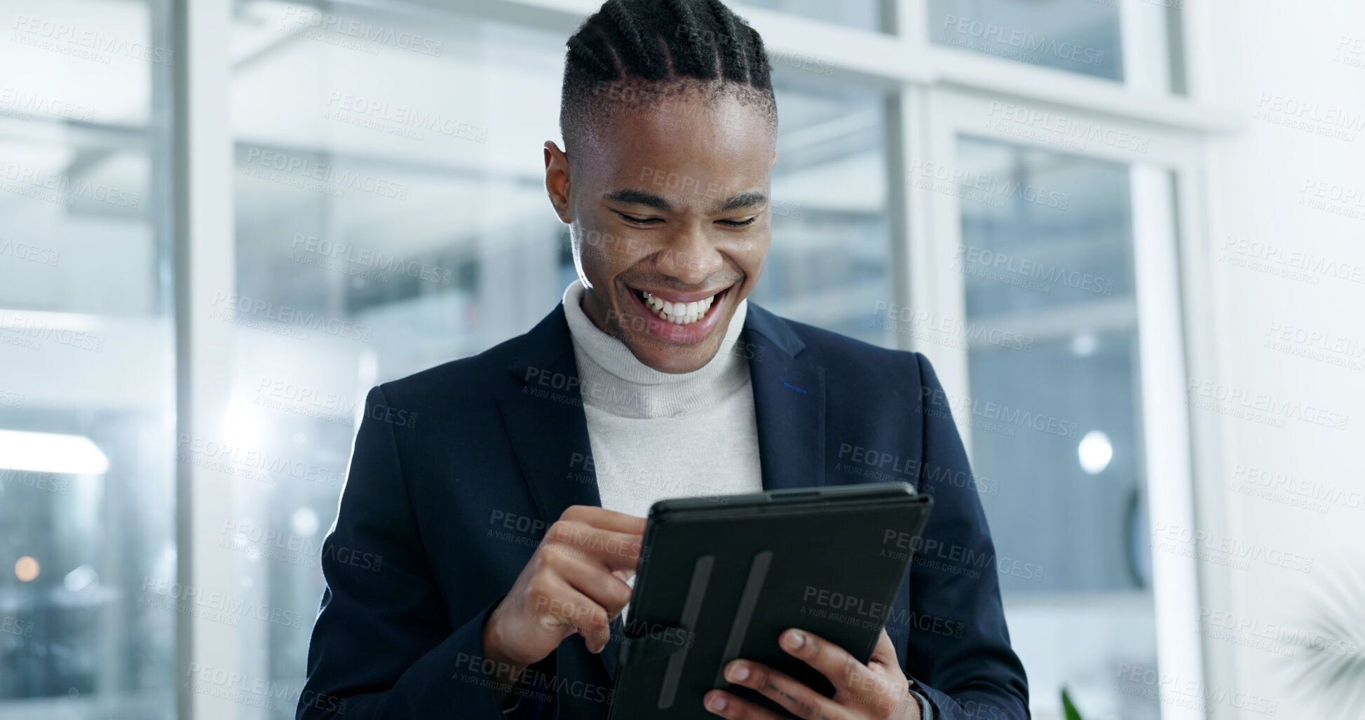 Buy stock photo Business, black man and reading in office with tablet, email and update pricing for new listing. Smile, realtor or research in workplace with digital, rental viewing or schedule for property purchase