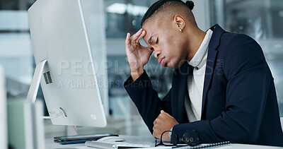 Buy stock photo Businessman, headache and fatigue in office with computer, pain and delete finance report by mistake. African person, burnout and glitch in workplace with desktop, migraine or financial audit crisis.
