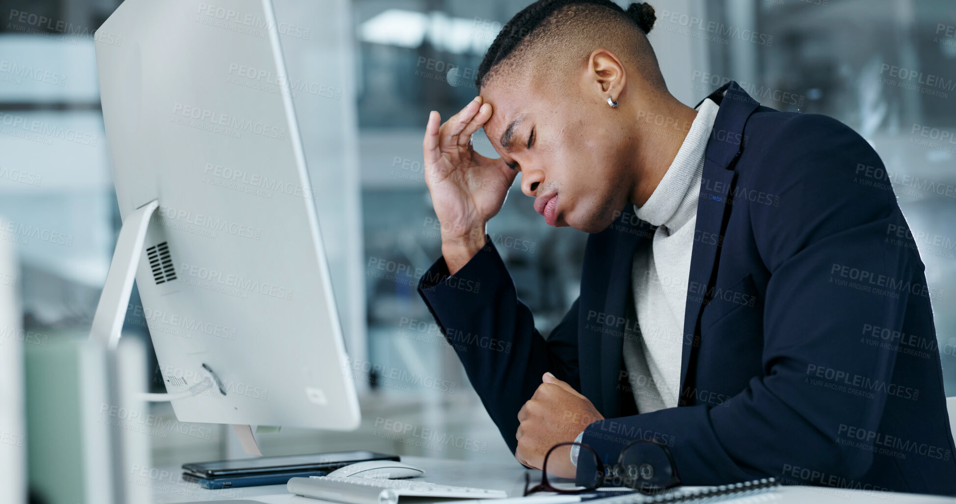Buy stock photo Businessman, headache and fatigue in office with computer, pain and delete finance report by mistake. African person, burnout and glitch in workplace with desktop, migraine or financial audit crisis.