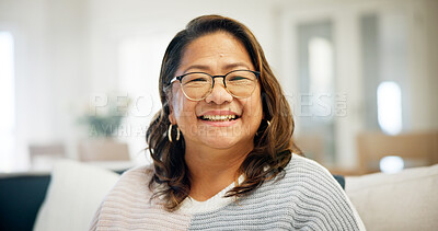 Buy stock photo Happy, woman and relax at house with portrait, peace and calm morning for stress relief in lounge. Mature person, comfortable and smile in home for rest, good mood and weekend unwind in living room