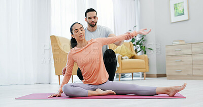Buy stock photo Woman, fitness and yoga with coach in home for private workout, exercise or physical activity. Man, personal trainer or active instructor helping client with stretching, health or wellness in house