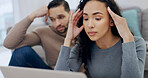 Laptop, woman or couple with financial stress, budget pressure or cost of living crisis in home. Computer, man and partner in house with debt, spending habit conflict or headache for expenses worry