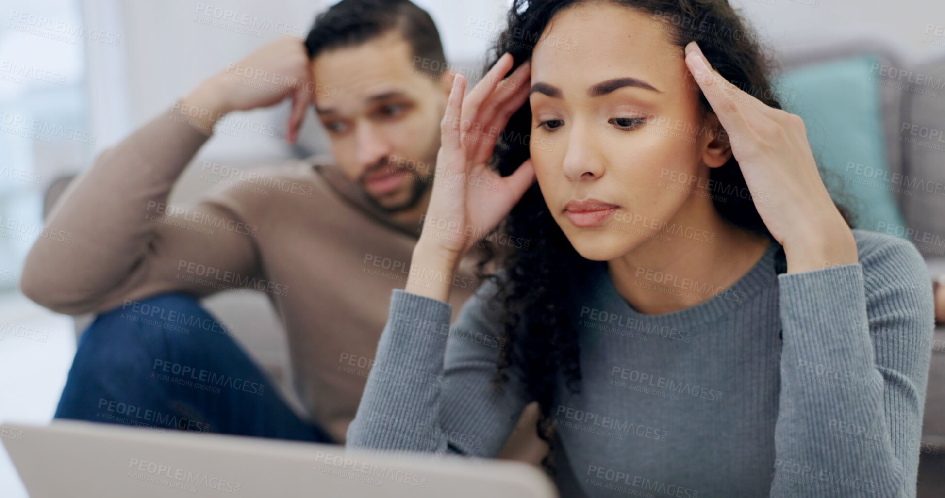 Buy stock photo Laptop, woman or couple with financial stress, budget pressure or cost of living crisis in home. Computer, man and partner in house with debt, spending habit conflict or headache for expenses worry