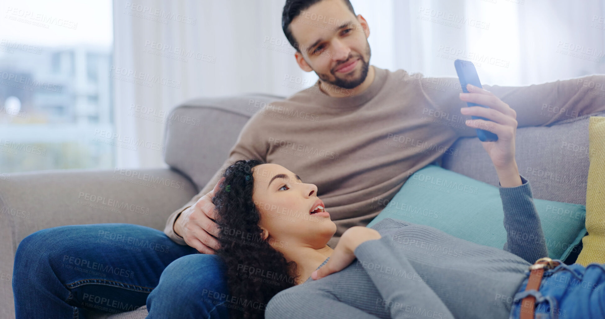 Buy stock photo Happy, relax and couple on sofa with phone, social media and option for online shopping on weekend. Home, marriage and man with woman on cellphone, website and internet for bonding, love and talking