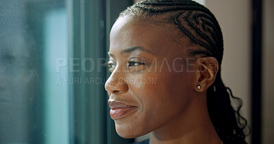 Buy stock photo Window, woman and smile in home with thinking, self reflection and future vision on weekend. Relax, black person and happy thoughts in house for nostalgic memory, daydreaming and fantasy in free time