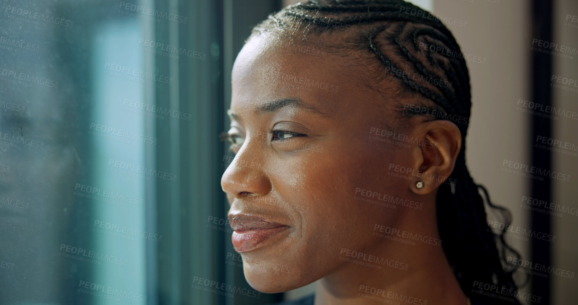 Buy stock photo Window, woman and smile in home with thinking, self reflection and future vision on weekend. Relax, black person and happy thoughts in house for nostalgic memory, daydreaming and fantasy in free time