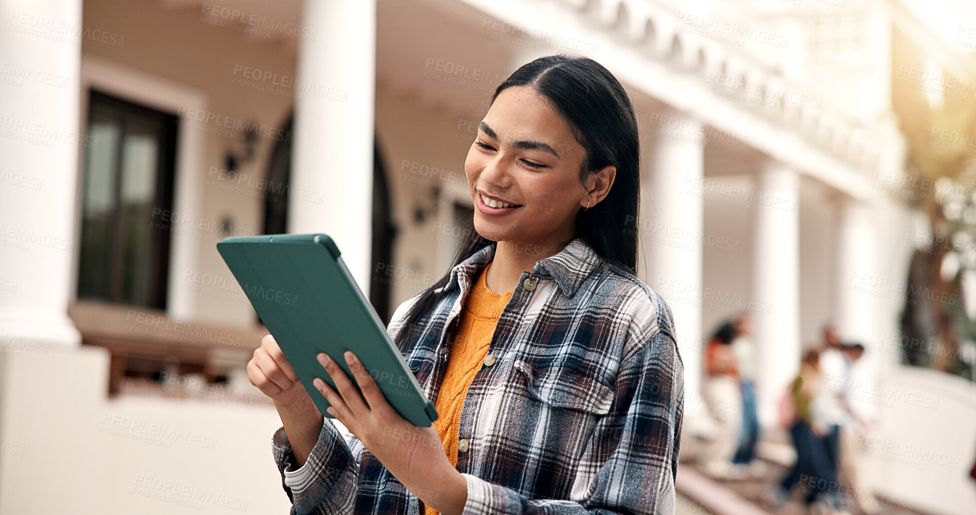 Buy stock photo Woman, student and smile at campus with tablet, test results and acceptance email for new semester. Happy, female person and tech at university for enrollment, scholarship update and exchange program
