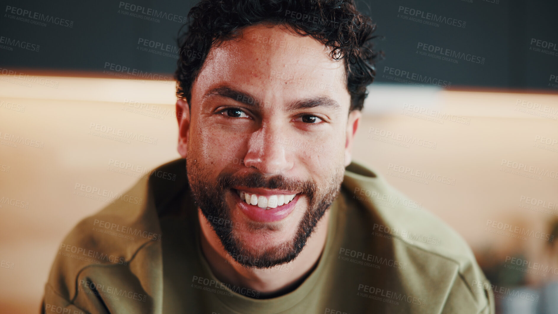Buy stock photo Wellness, portrait and man in house with smile, positive attitude and happy moment on weekend break. Wellbeing, space and person in home with confidence, good mood and satisfaction on day off. 