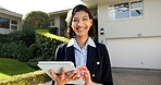 Happy, tablet and woman by house for real estate, about us and property development in neighborhood. Business, smile and person on tech with confidence for realtor career, lease consultant and pride
