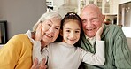 Happy, portrait and child with grandparents in house, love and bonding with senior people on break. Family home, grandma and grandfather with smile, together and connection with kid on weekend