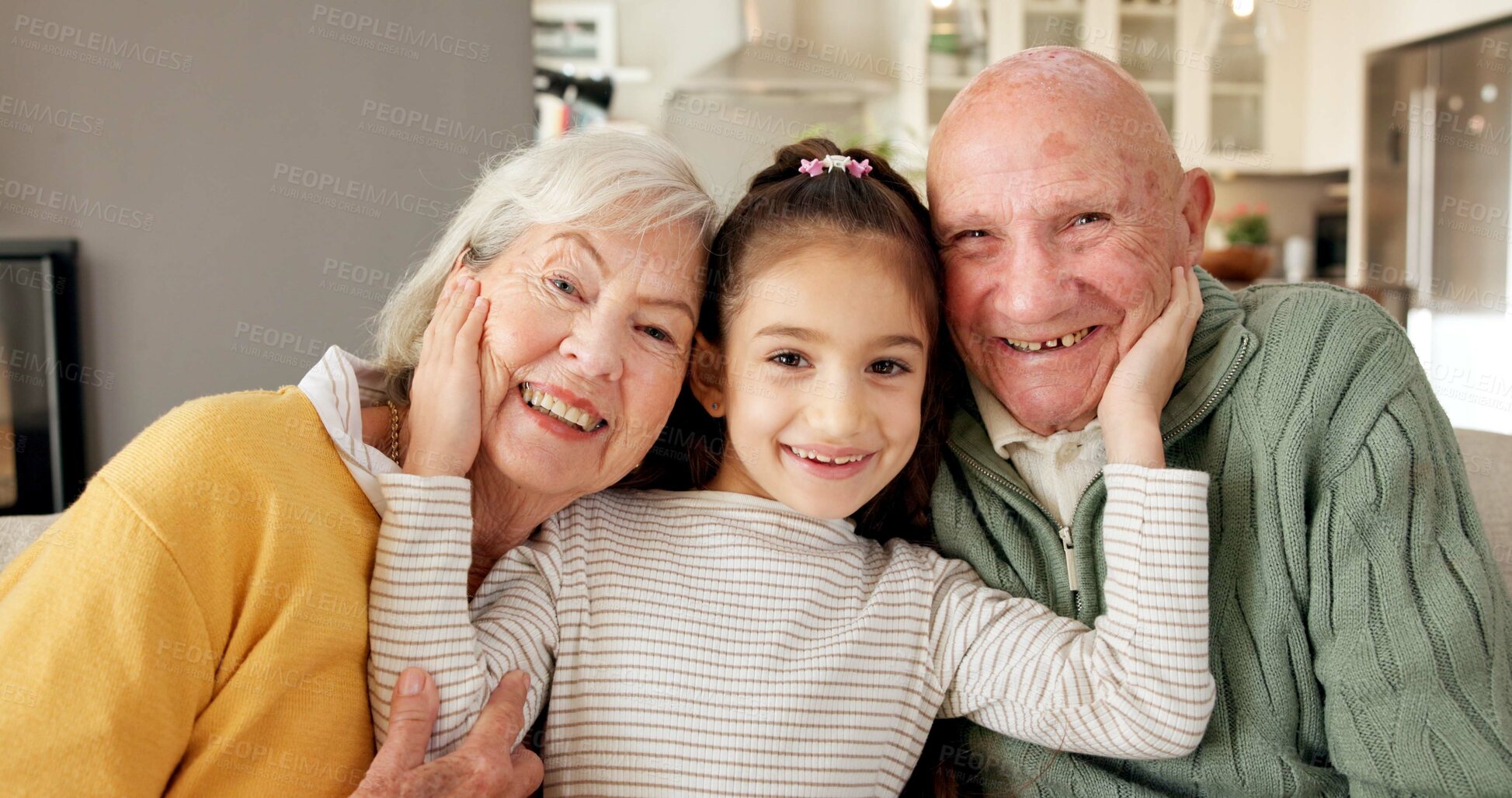Buy stock photo Happy, portrait and child with grandparents in house, love and bonding with senior people on break. Family home, grandma and grandfather with smile, together and connection with kid on weekend