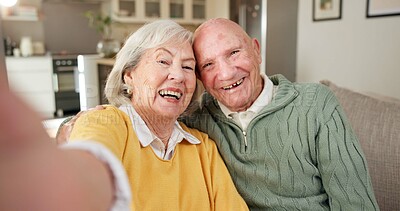 Buy stock photo Portrait, selfie and old couple in living room with smile, love and memories of retirement in home. Happy, elderly married people and photography on couch with soulmate, care and social media post.