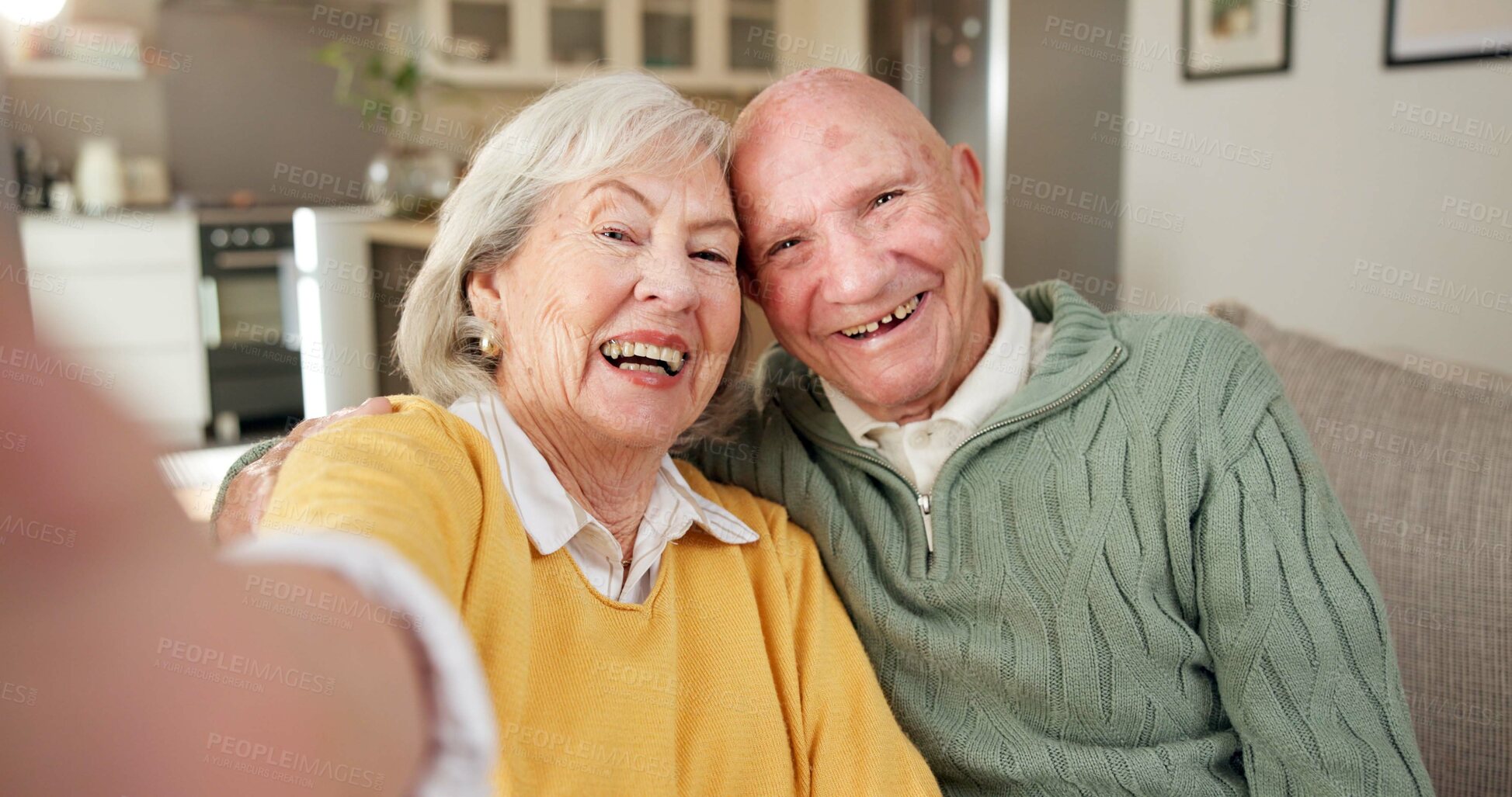 Buy stock photo Portrait, selfie and old couple in living room with smile, love and memories of retirement in home. Happy, elderly married people and photography on couch with soulmate, care and social media post.