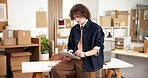 Ecommerce, research and man in office with tablet for erp technology with small business inventory. Search, web or entrepreneur on digital app for online sales data, checklist or logistics management