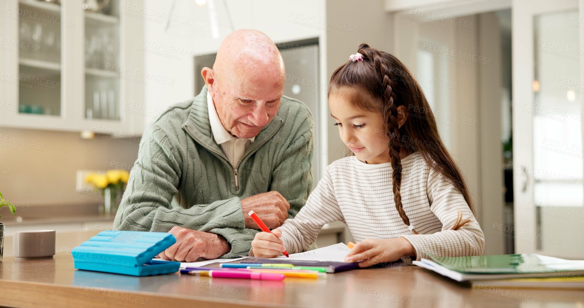 Buy stock photo Homework, grandfather and child in kitchen with help, childcare and support with homeschool activity. Education, grandparent and kid with task aid, family guidance and assistance in home learning.