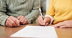 Contract, hands or old couple in house with signature, estate sale or agreement in home transaction. Retirement, owner or elderly people with document, property transfer or deal on purchase together.