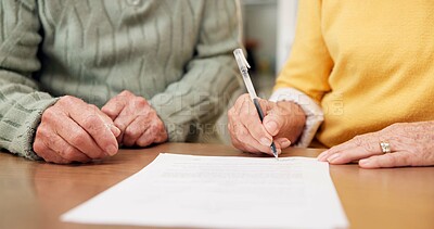Buy stock photo Contract, hands or old couple in house with signature, estate sale or agreement in home transaction. Retirement, owner or elderly people with document, property transfer or deal on purchase together.