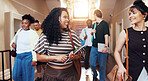 Women, students and talking at campus with smile, new semester and next class for college lecture. Happy, friends and laugh at university for recess, orientation and academic discussion for education