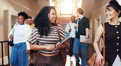 Buy stock photo Women, students and talking at campus with smile, new semester and next class for college lecture. Happy, friends and laugh at university for recess, orientation and academic discussion for education