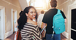 Smile, woman and student at college for education, academic future or happy with knowledge growth. Portrait, university and person with learning opportunity, development or scholarship with books