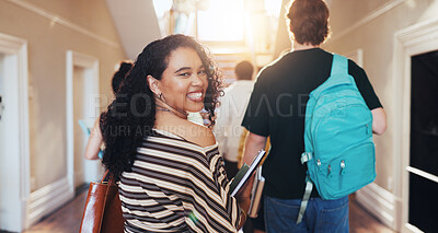 Buy stock photo Smile, woman and student at college for education, academic future or happy with knowledge growth. Portrait, university and person with learning opportunity, development or scholarship with books