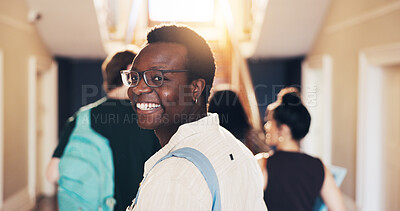 Buy stock photo Smile, man and student at college for education, academic future or happy with knowledge growth. Portrait, university and person with positive attitude for learning, development and scholarship
