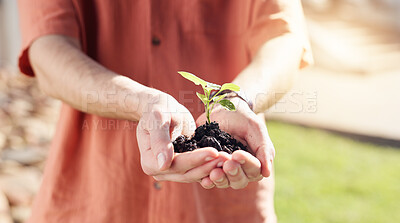 Buy stock photo Sustainable, plant and hands outdoor with growth, ethics and conservation in esg accountability. Cultivation, leaf or man with development, environmental awareness or responsibility in green practice
