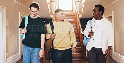 Buy stock photo People, students and walking at campus with smile, new semester and next class for college lecture. Happy, friends and talking at university for recess, orientation and academic course for education