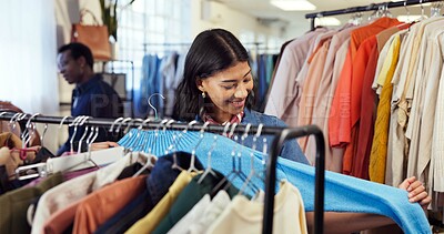 Buy stock photo Shopping, choice and woman in store with clothing, outfit search and decision in trendy style. Retail, happy and person in boutique with apparel, garment option and selection for fashion purchase.