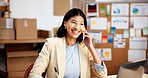 Logistics, office and happy woman with phone call for online schedule, delivery order or support. Female person, entrepreneur or smile with technology for communication, virtual assistance or chat