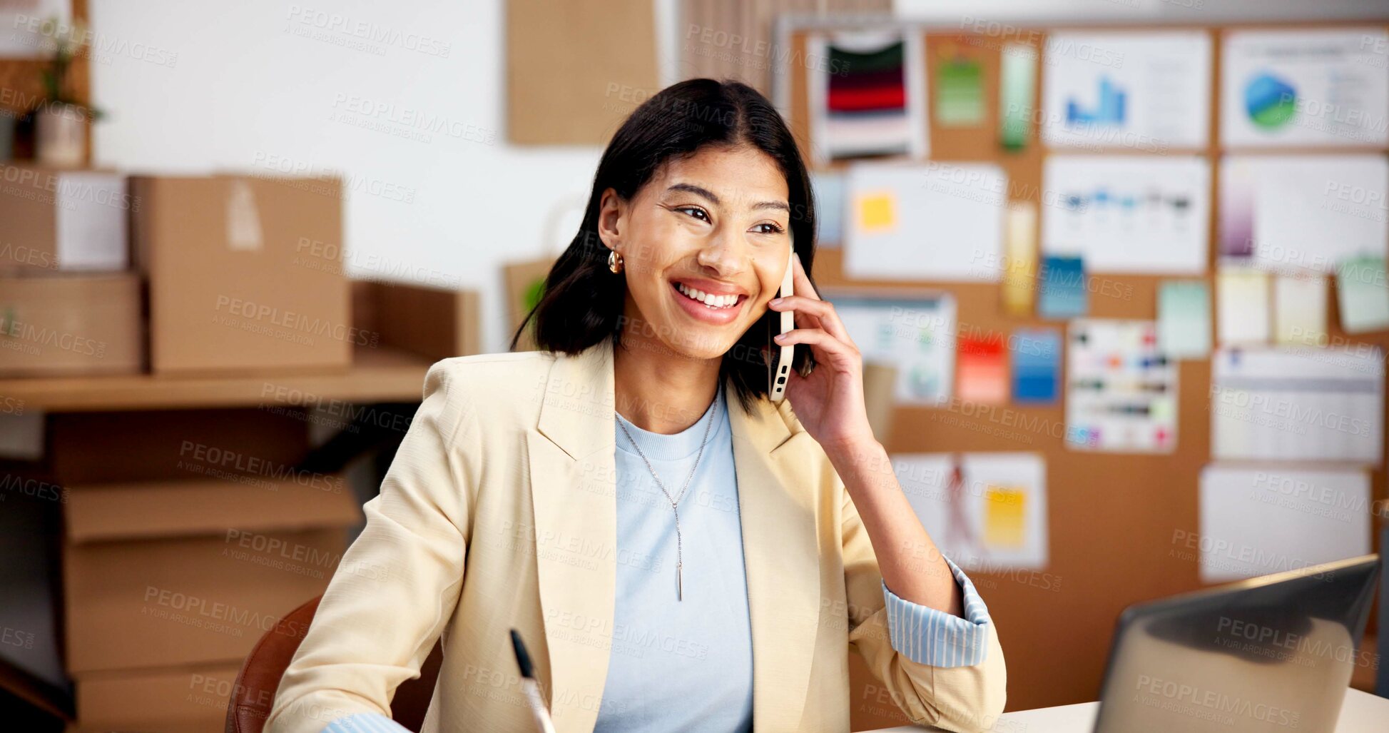 Buy stock photo Logistics, office and happy woman with phone call for online schedule, delivery order or support. Female person, entrepreneur or smile with technology for communication, virtual assistance or chat