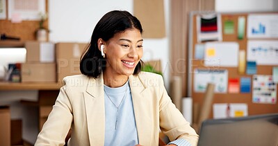 Buy stock photo Laptop, office and business woman for supply chain, logistics and video call for meeting. Startup, workshop and person with earphones, virtual chat and tech for shipping, delivery and supplier update