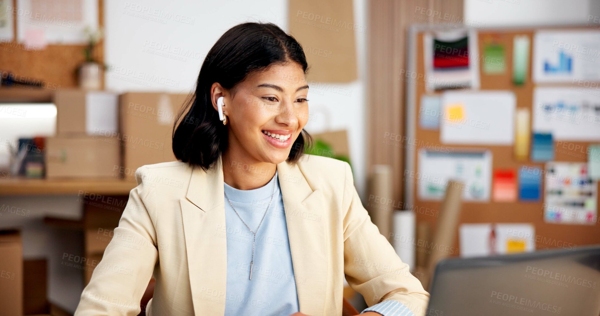 Buy stock photo Laptop, office and business woman for supply chain, logistics and video call for meeting. Startup, workshop and person with earphones, virtual chat and tech for shipping, delivery and supplier update