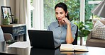 Woman, thinking or laptop with reading for remote work, problem solving or deadline for article. Mature writer, technology or research in house for review, proofreading or editing newsletter for blog