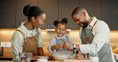 Buy stock photo Baking, kitchen and child with parents, eggs and bowl for meal prep, recipe and learning together. Home, family and black girl with mom, dad and help for ingredients, cooking and bonding for growth