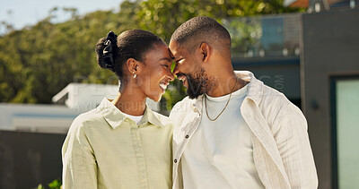 Buy stock photo Love, couple and forehead touch in front yard for property purchase, home security and support. Bonding, black people and happy outdoor for dream house, relocation or long term investment in marriage
