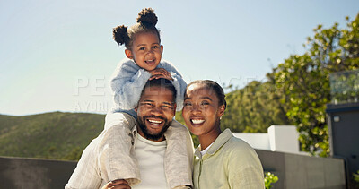 Buy stock photo Parents, kid and support on shoulder in backyard for quality time, bonding or smile portrait. Black family, child and happy at house with carry, relationship development or love connection on weekend