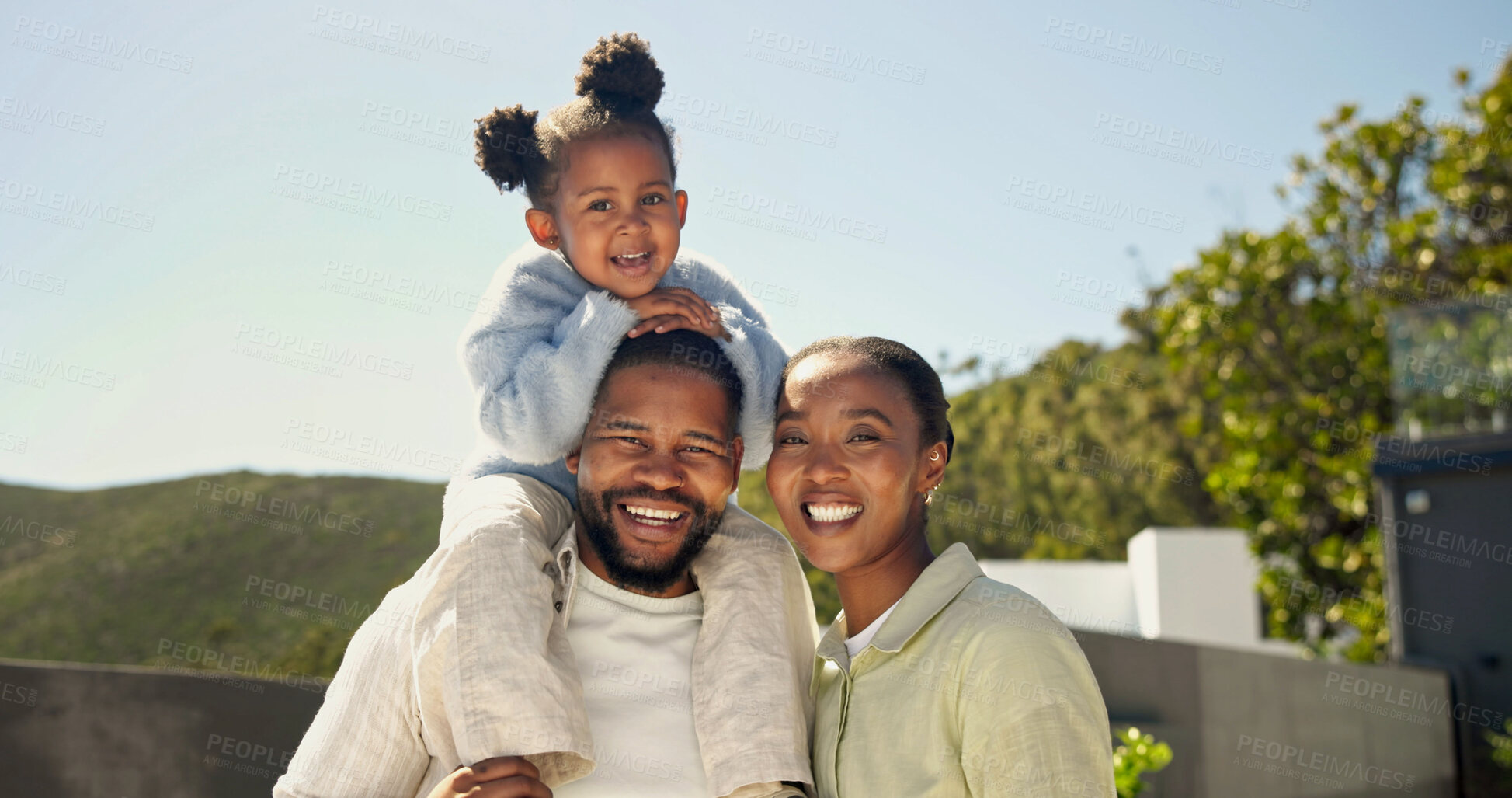 Buy stock photo Parents, kid and support on shoulder in backyard for quality time, bonding or smile portrait. Black family, child and happy at house with carry, relationship development or love connection on weekend