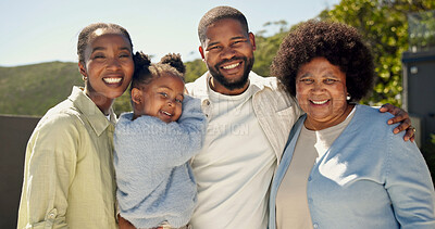 Buy stock photo Happy, portrait and black family in nature for holiday break, outdoor bonding or safety together. Mom, dad and grandma with child or smile for weekend stay, visit or vacation on property or house