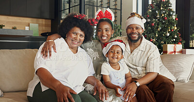Buy stock photo Christmas, portrait and black family with smile in home for festive celebration or bonding together. Parents, grandma and happy child with hug for December holiday, weekend or vacation in house