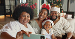 Christmas, happy and black family with selfie in home for capture moment or festive memory together. Mom, dad and child with grandma or smile for photography, picture or December holiday in house