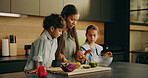 Mom, cooking and teaching children in kitchen, culinary skills and discussion with parent in house. Learning, recipe and woman with kids, conversation and meal prep with family or connection in home